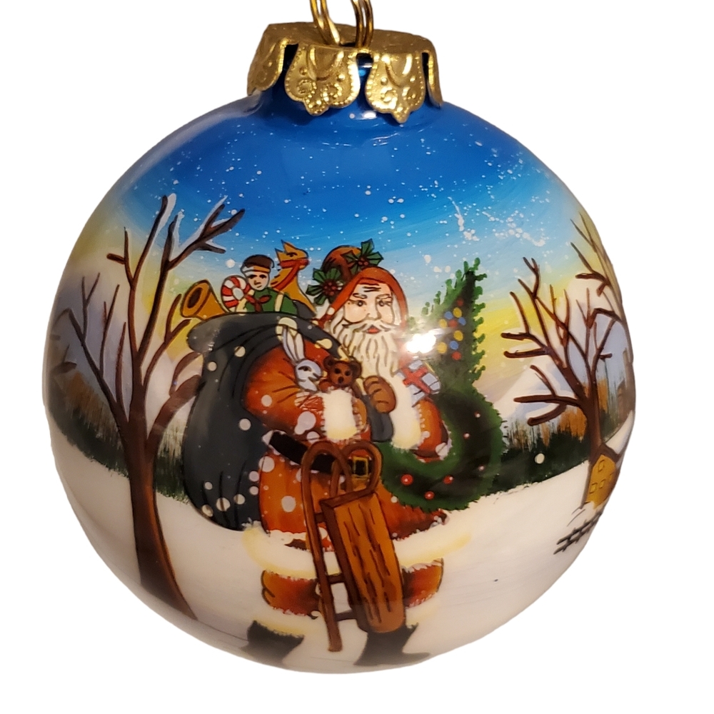 Les Hans Winter Scene Christmas Ornament Hand Blown Glass Inside Painted VTG